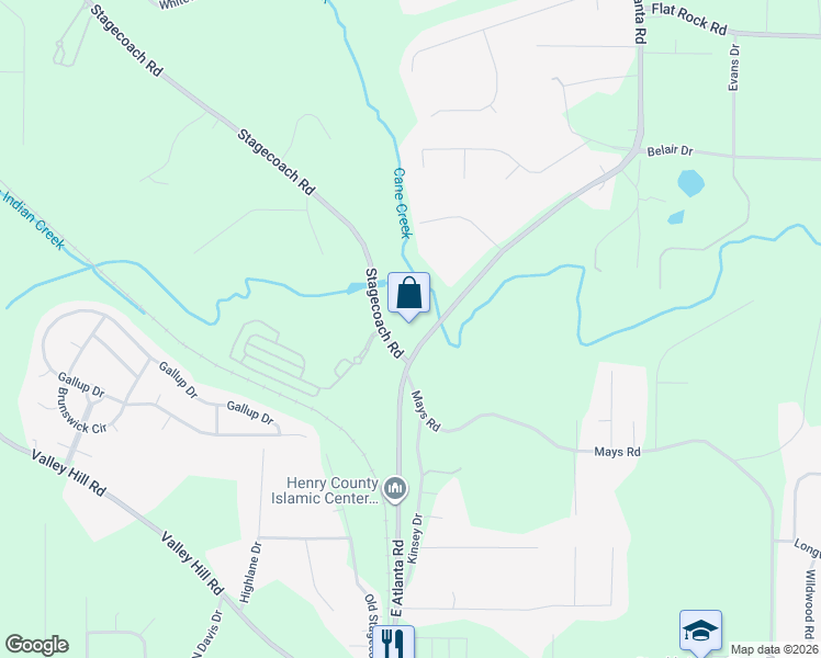 map of restaurants, bars, coffee shops, grocery stores, and more near 875 East Atlanta Road in Stockbridge