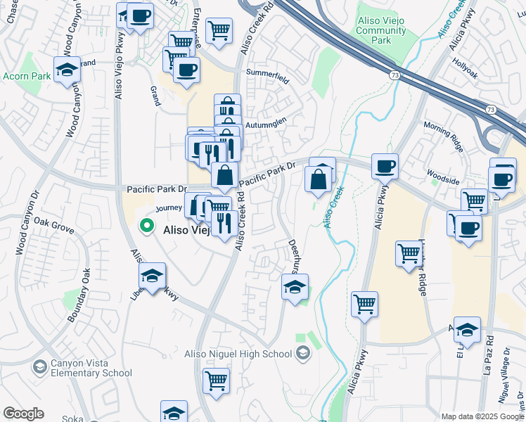 map of restaurants, bars, coffee shops, grocery stores, and more near 23412 Pacific Park Drive in Aliso Viejo