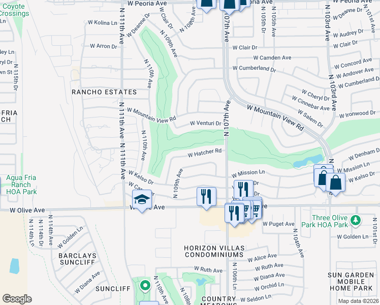 map of restaurants, bars, coffee shops, grocery stores, and more near 10826 West Hatcher Road in Sun City