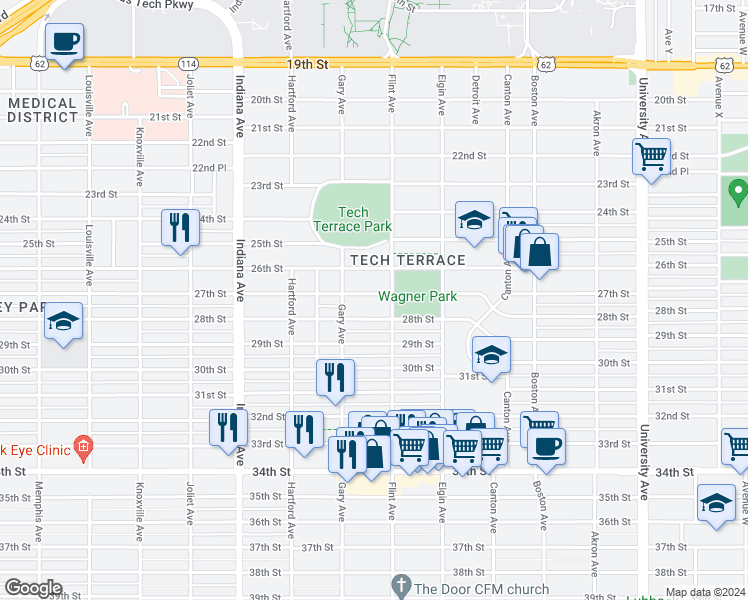 map of restaurants, bars, coffee shops, grocery stores, and more near 3107 27th Street in Lubbock