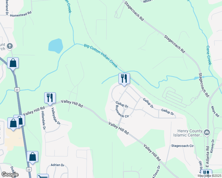 map of restaurants, bars, coffee shops, grocery stores, and more near 1716 Gallup Drive in Stockbridge