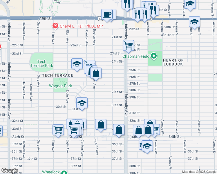 map of restaurants, bars, coffee shops, grocery stores, and more near 2608 Akron Avenue in Lubbock