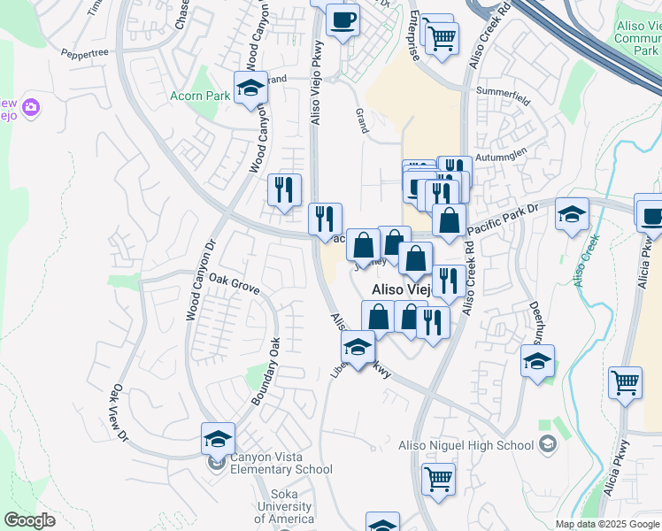 map of restaurants, bars, coffee shops, grocery stores, and more near 22902 Pacific Park Drive in Aliso Viejo