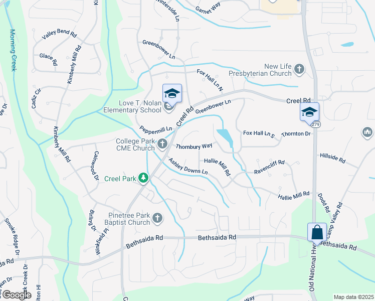 map of restaurants, bars, coffee shops, grocery stores, and more near 2720 Thornbury Way in College Park