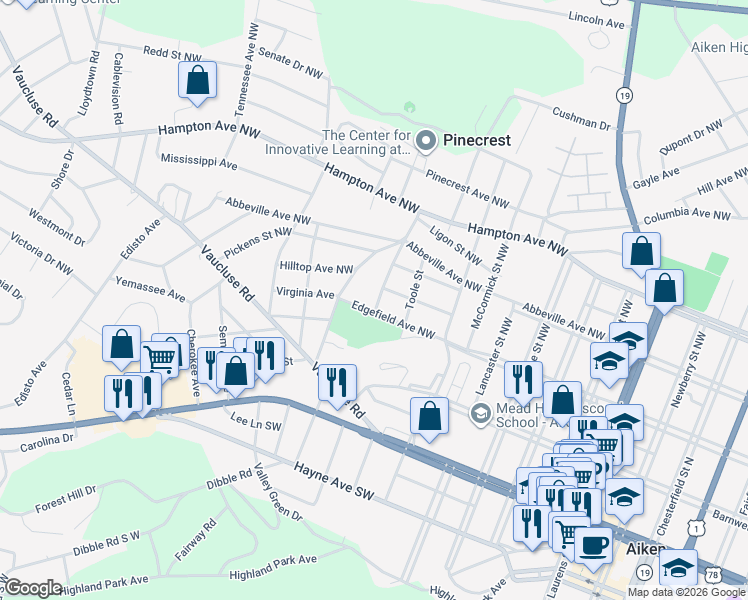 map of restaurants, bars, coffee shops, grocery stores, and more near 315 Perrin Street Northwest in Aiken