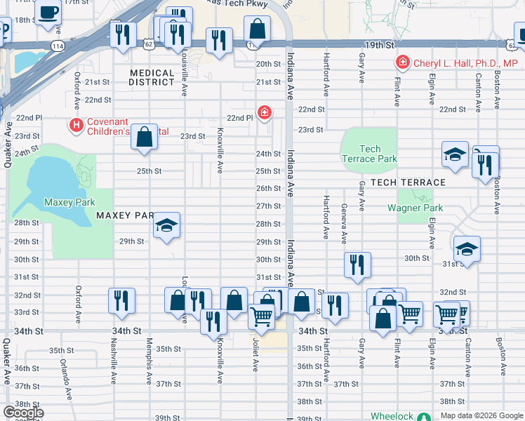 map of restaurants, bars, coffee shops, grocery stores, and more near 3412 27th Street in Lubbock