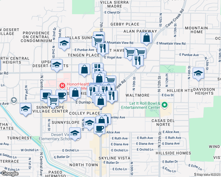 map of restaurants, bars, coffee shops, grocery stores, and more near 739 East Mission Lane in Phoenix
