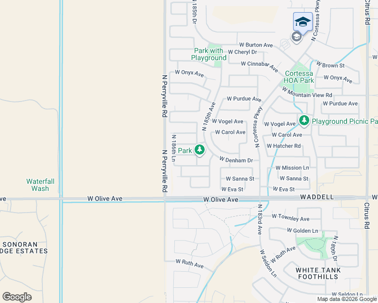 map of restaurants, bars, coffee shops, grocery stores, and more near 18610 West Hatcher Road in Waddell