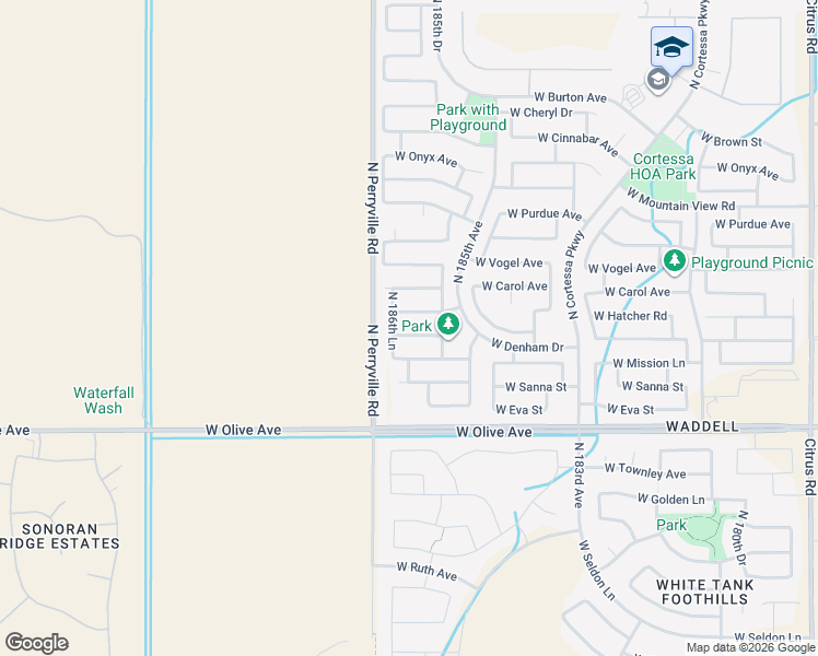 map of restaurants, bars, coffee shops, grocery stores, and more near 18610 West Hatcher Road in Waddell