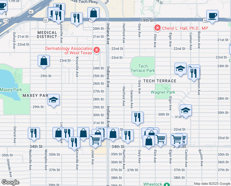 map of restaurants, bars, coffee shops, grocery stores, and more near 3320 27th Street in Lubbock