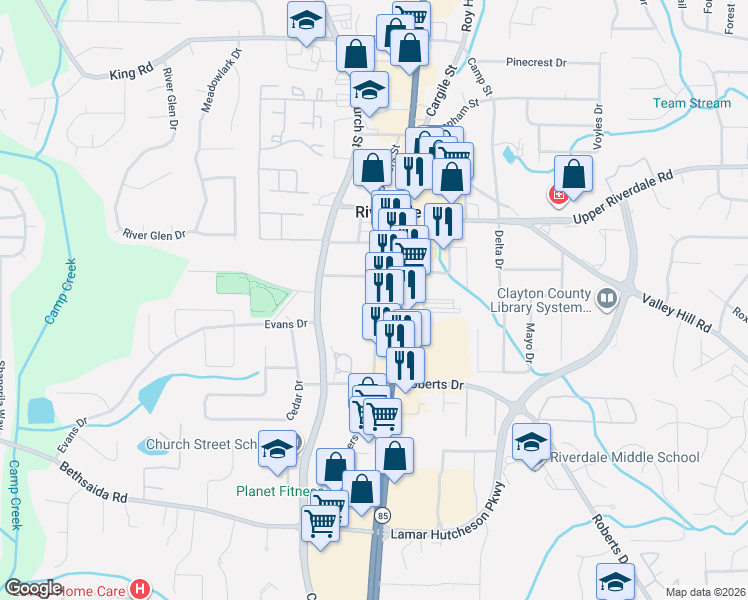 map of restaurants, bars, coffee shops, grocery stores, and more near 6775 Powers Street in Riverdale