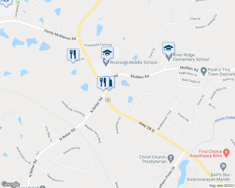 map of restaurants, bars, coffee shops, grocery stores, and more near 1047 Furys Ferry Road in Evans