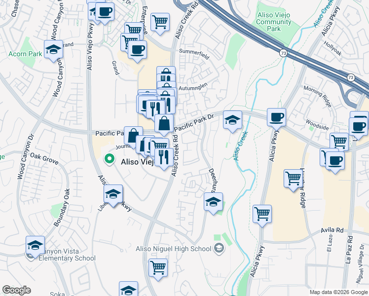 map of restaurants, bars, coffee shops, grocery stores, and more near 23412 Pacific Park Drive in Aliso Viejo