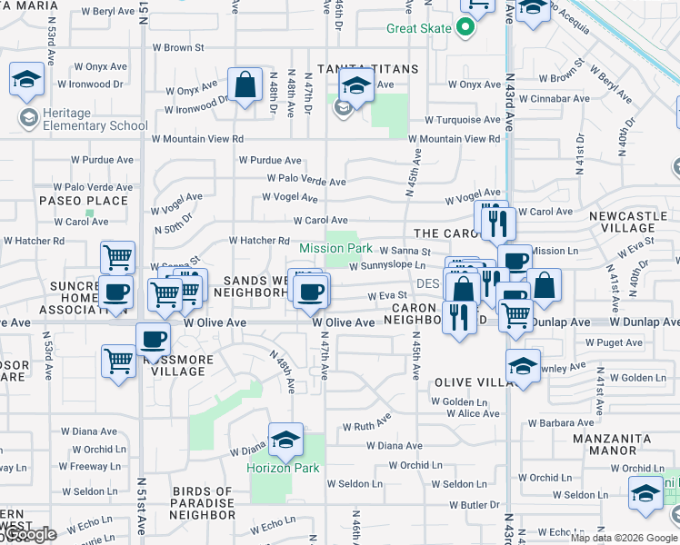 map of restaurants, bars, coffee shops, grocery stores, and more near 4627 West Sunnyslope Lane in Glendale