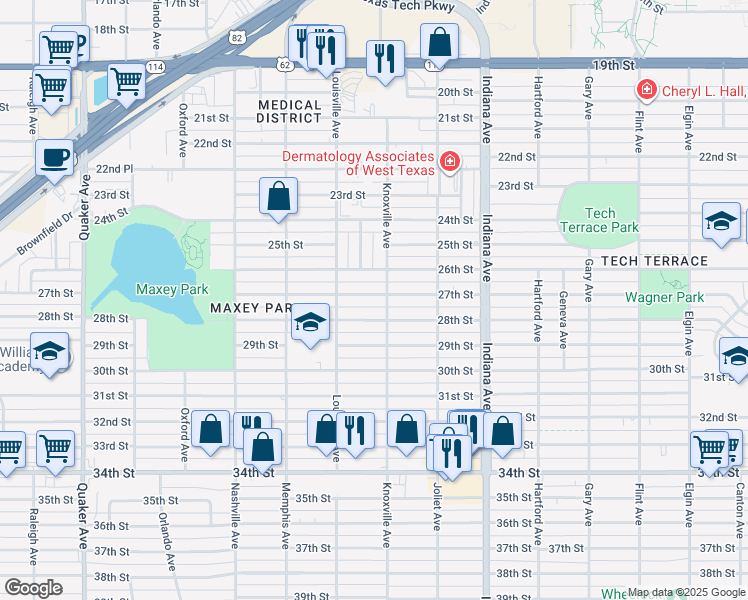 map of restaurants, bars, coffee shops, grocery stores, and more near 3520 27th Street in Lubbock