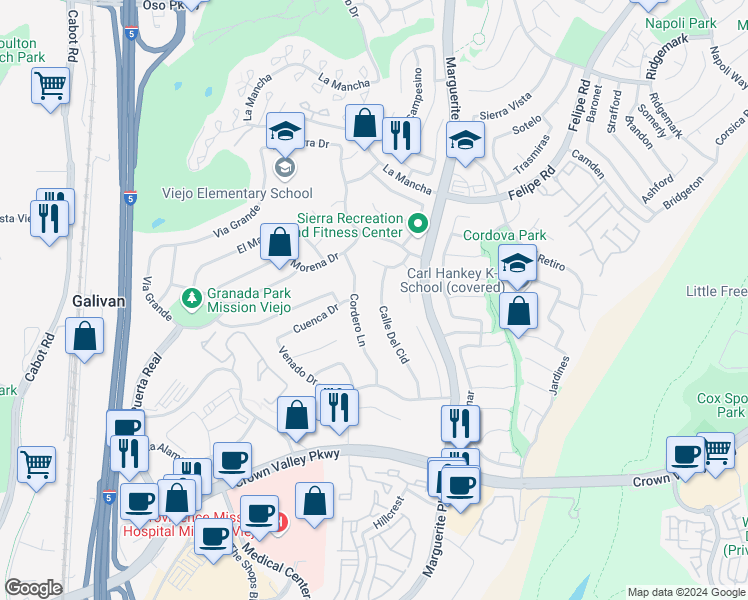 map of restaurants, bars, coffee shops, grocery stores, and more near 27075 Calle Del Cid in Mission Viejo