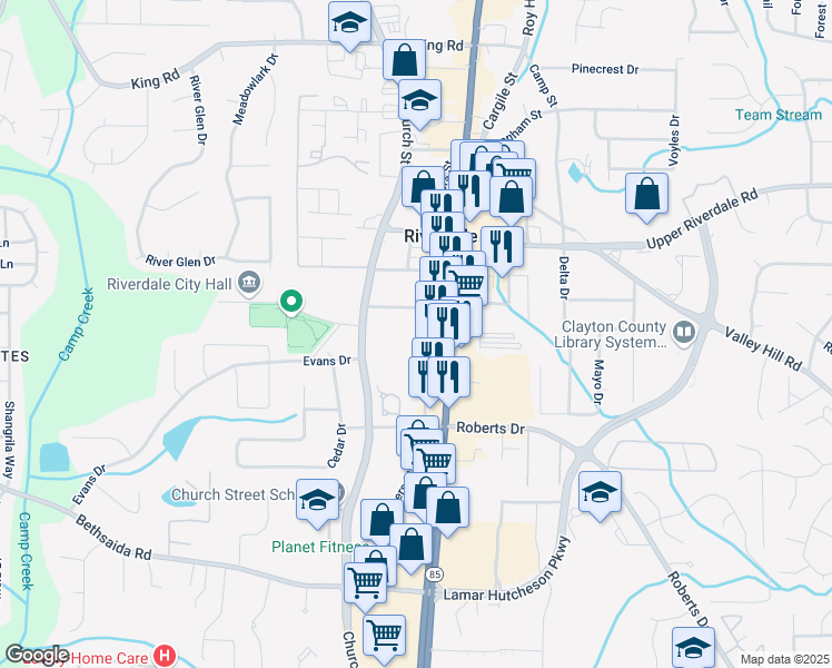 map of restaurants, bars, coffee shops, grocery stores, and more near 6795 Powers Street in Riverdale