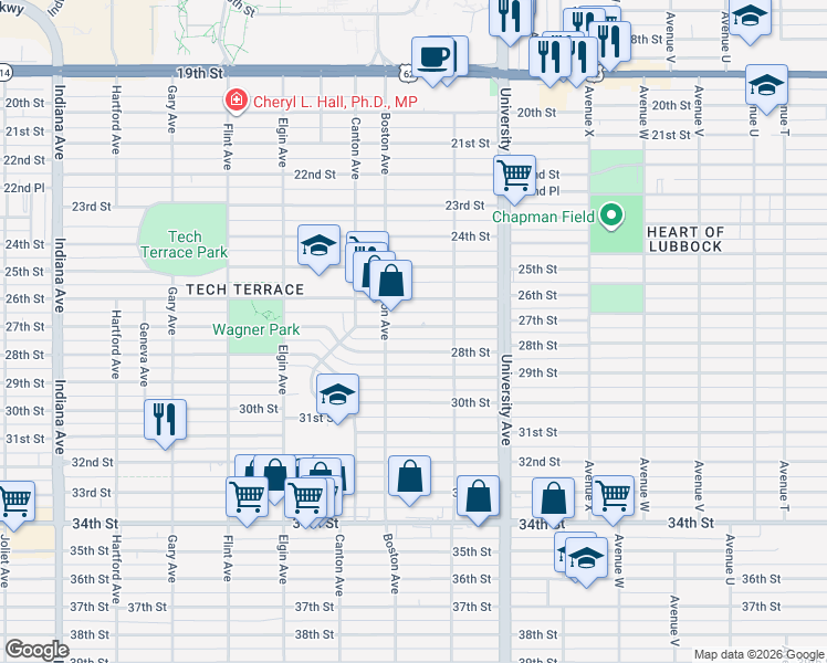 map of restaurants, bars, coffee shops, grocery stores, and more near 2618 27th Street in Lubbock