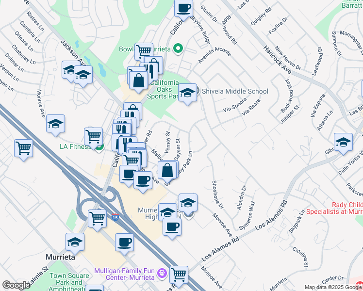 map of restaurants, bars, coffee shops, grocery stores, and more near 40628 Geyser Street in Murrieta
