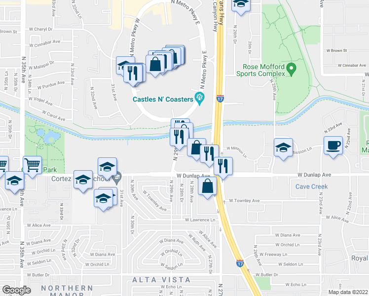 map of restaurants, bars, coffee shops, grocery stores, and more near 9201 North 29th Avenue in Phoenix