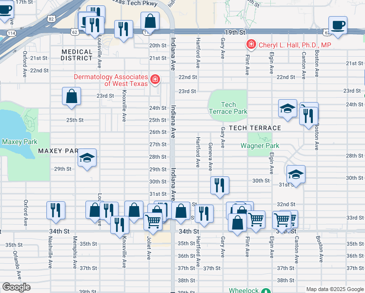 map of restaurants, bars, coffee shops, grocery stores, and more near 3320 27th Street in Lubbock