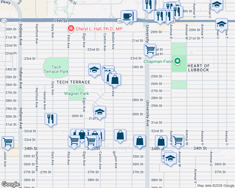 map of restaurants, bars, coffee shops, grocery stores, and more near 2618 27th Street in Lubbock