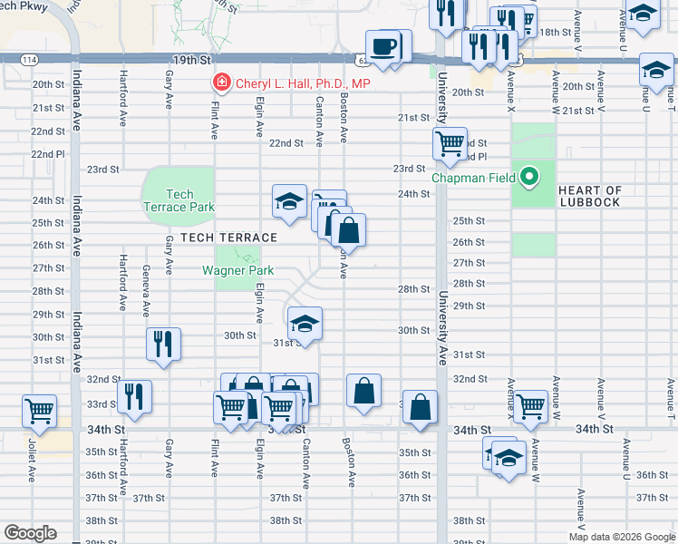 map of restaurants, bars, coffee shops, grocery stores, and more near 2704 27th Street in Lubbock