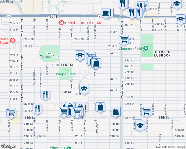 map of restaurants, bars, coffee shops, grocery stores, and more near 2704 27th Street in Lubbock