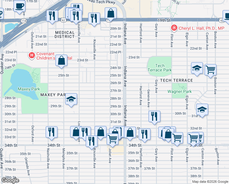 map of restaurants, bars, coffee shops, grocery stores, and more near 3412 27th Street in Lubbock