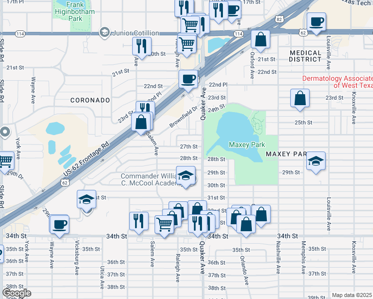 map of restaurants, bars, coffee shops, grocery stores, and more near 4416 27th Street in Lubbock