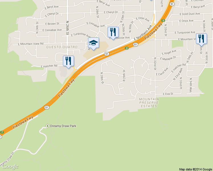 map of restaurants, bars, coffee shops, grocery stores, and more near 2819 East Calaveros Drive in Phoenix