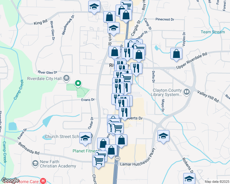 map of restaurants, bars, coffee shops, grocery stores, and more near 6775 Powers Street in Riverdale