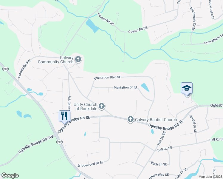 map of restaurants, bars, coffee shops, grocery stores, and more near 1134 Plantation Drive Southeast in Conyers