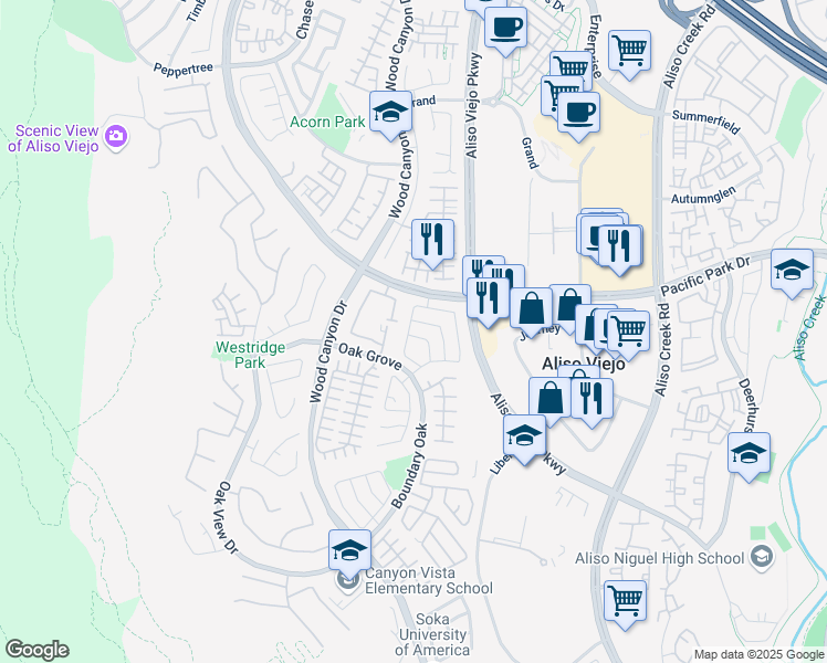 map of restaurants, bars, coffee shops, grocery stores, and more near 2 Chestnut Drive in Aliso Viejo