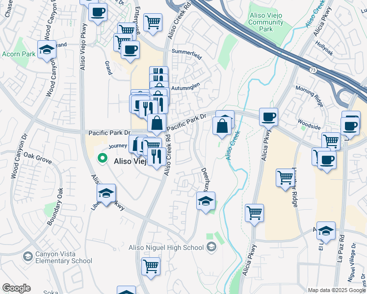 map of restaurants, bars, coffee shops, grocery stores, and more near 23412 Pacific Park Drive in Aliso Viejo