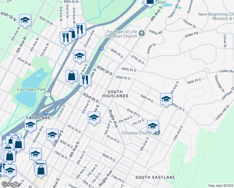 map of restaurants, bars, coffee shops, grocery stores, and more near 8401 5th Avenue South in Birmingham