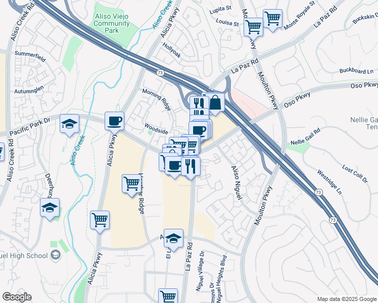 map of restaurants, bars, coffee shops, grocery stores, and more near 24179 Pacific Park Drive in Aliso Viejo