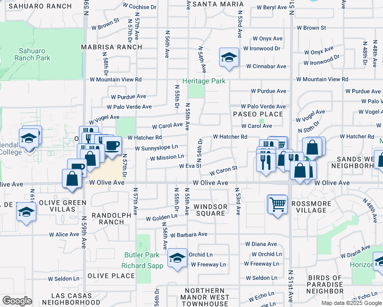 map of restaurants, bars, coffee shops, grocery stores, and more near 9129 North 55th Avenue in Glendale