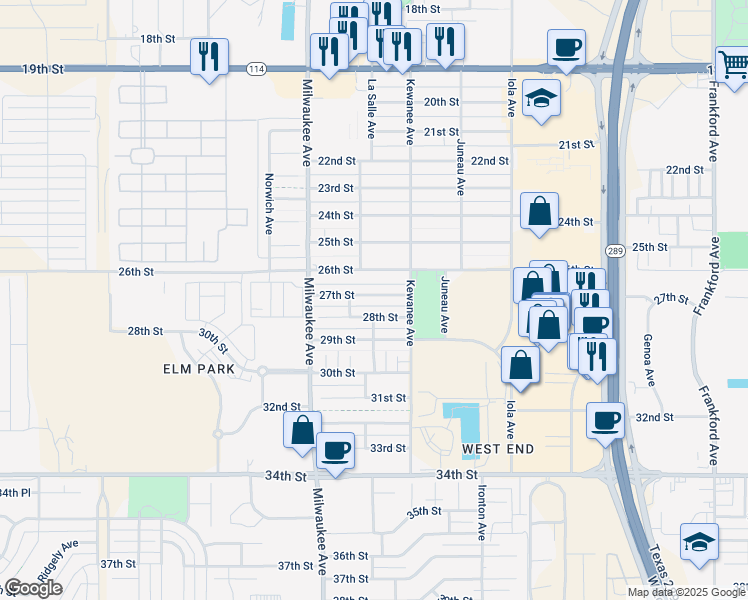 map of restaurants, bars, coffee shops, grocery stores, and more near 6317 27th Street in Lubbock