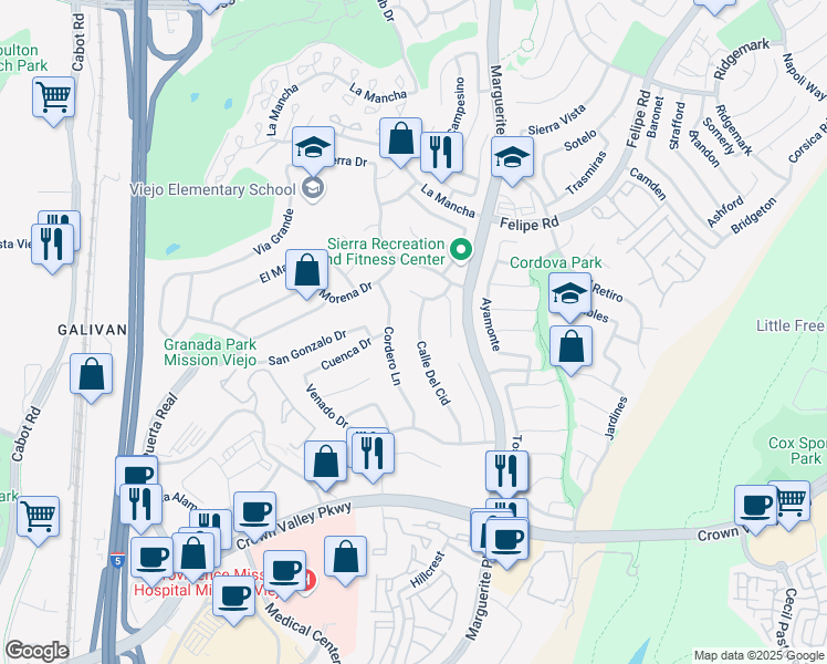 map of restaurants, bars, coffee shops, grocery stores, and more near 27075 Calle Del Cid in Mission Viejo