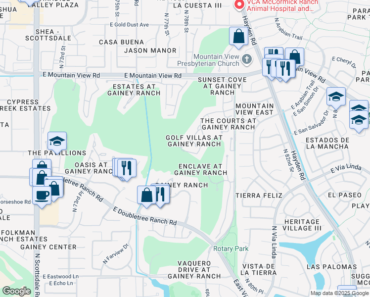 map of restaurants, bars, coffee shops, grocery stores, and more near 7740 East Gainey Ranch Road in Scottsdale