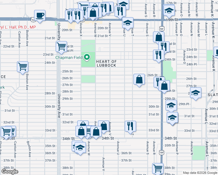 map of restaurants, bars, coffee shops, grocery stores, and more near 2203 27th Street in Lubbock