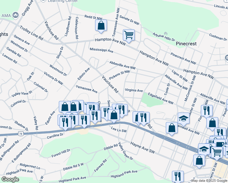 map of restaurants, bars, coffee shops, grocery stores, and more near 3100 Vaucluse Road in Aiken