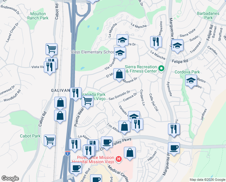 map of restaurants, bars, coffee shops, grocery stores, and more near 26601 Via Del Sol in Mission Viejo