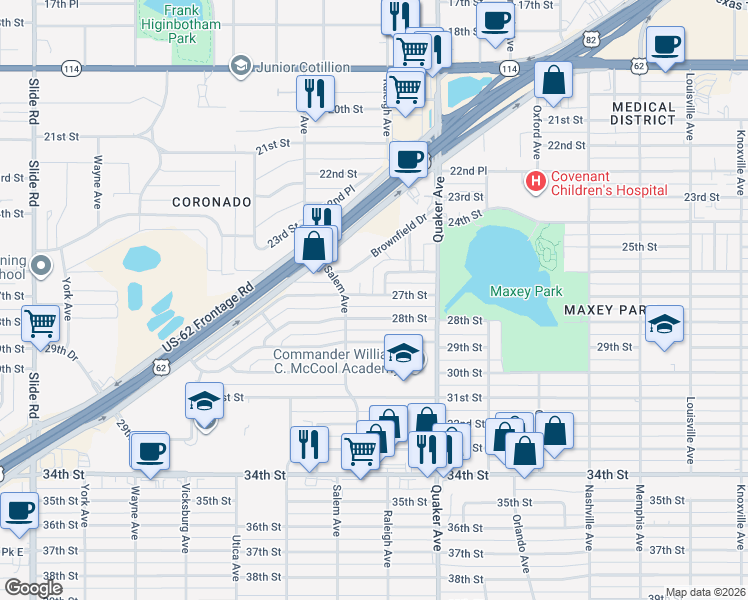 map of restaurants, bars, coffee shops, grocery stores, and more near 4510 27th Street in Lubbock
