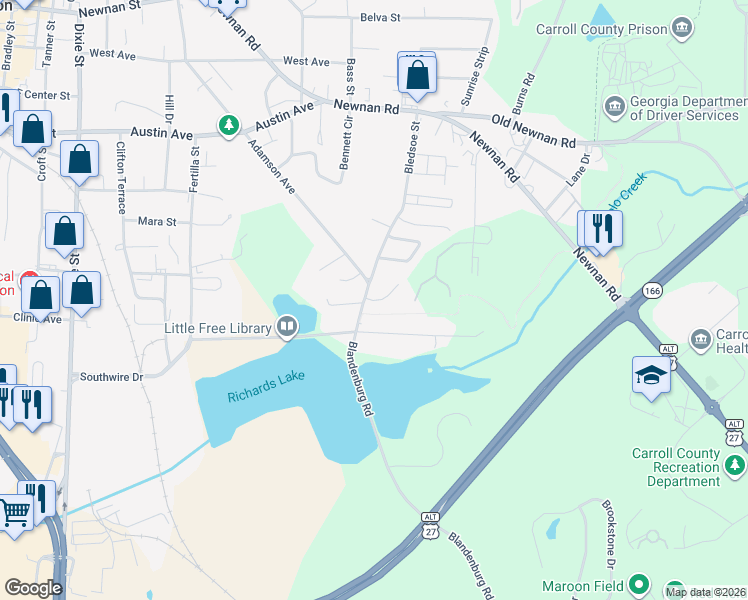 map of restaurants, bars, coffee shops, grocery stores, and more near 108 Mitchell Circle in Carrollton