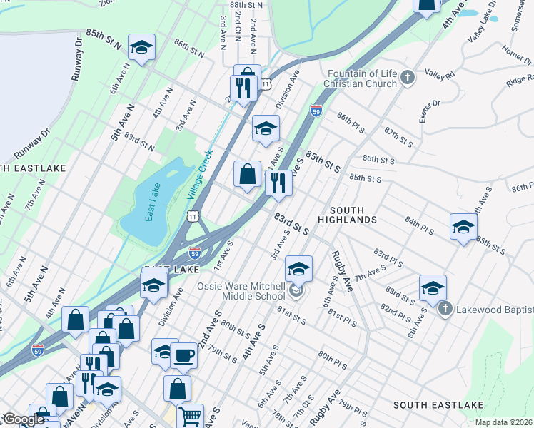 map of restaurants, bars, coffee shops, grocery stores, and more near 8244 2nd Avenue South in Birmingham