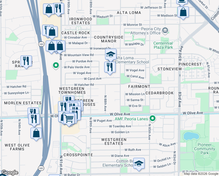 map of restaurants, bars, coffee shops, grocery stores, and more near 8775 West Hatcher Road in Peoria