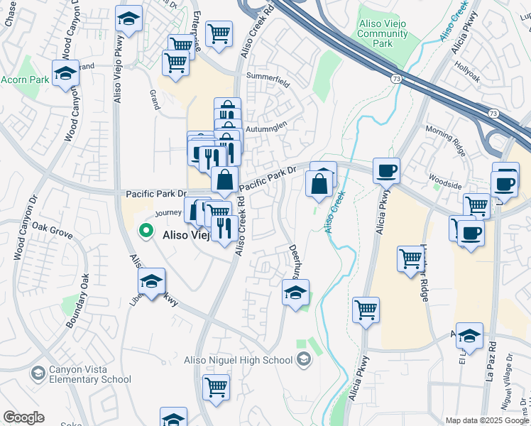 map of restaurants, bars, coffee shops, grocery stores, and more near 23412 Pacific Park Drive in Aliso Viejo