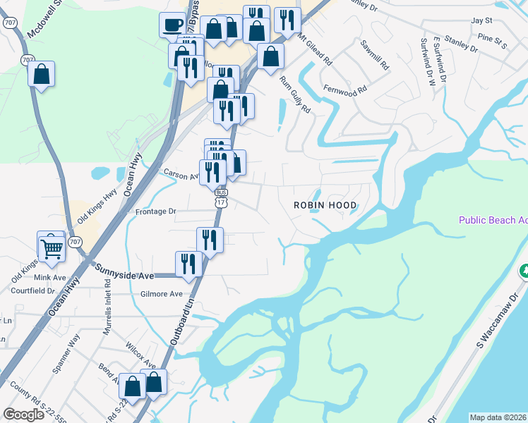 map of restaurants, bars, coffee shops, grocery stores, and more near 336 Sea Marsh Road in Murrells Inlet